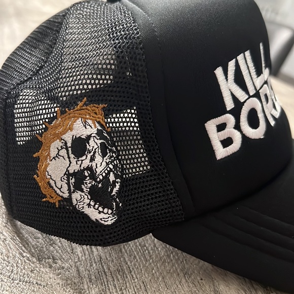 Boredom kills “kill the boredom trucker hat. Black and white - Picture 2 of 3
